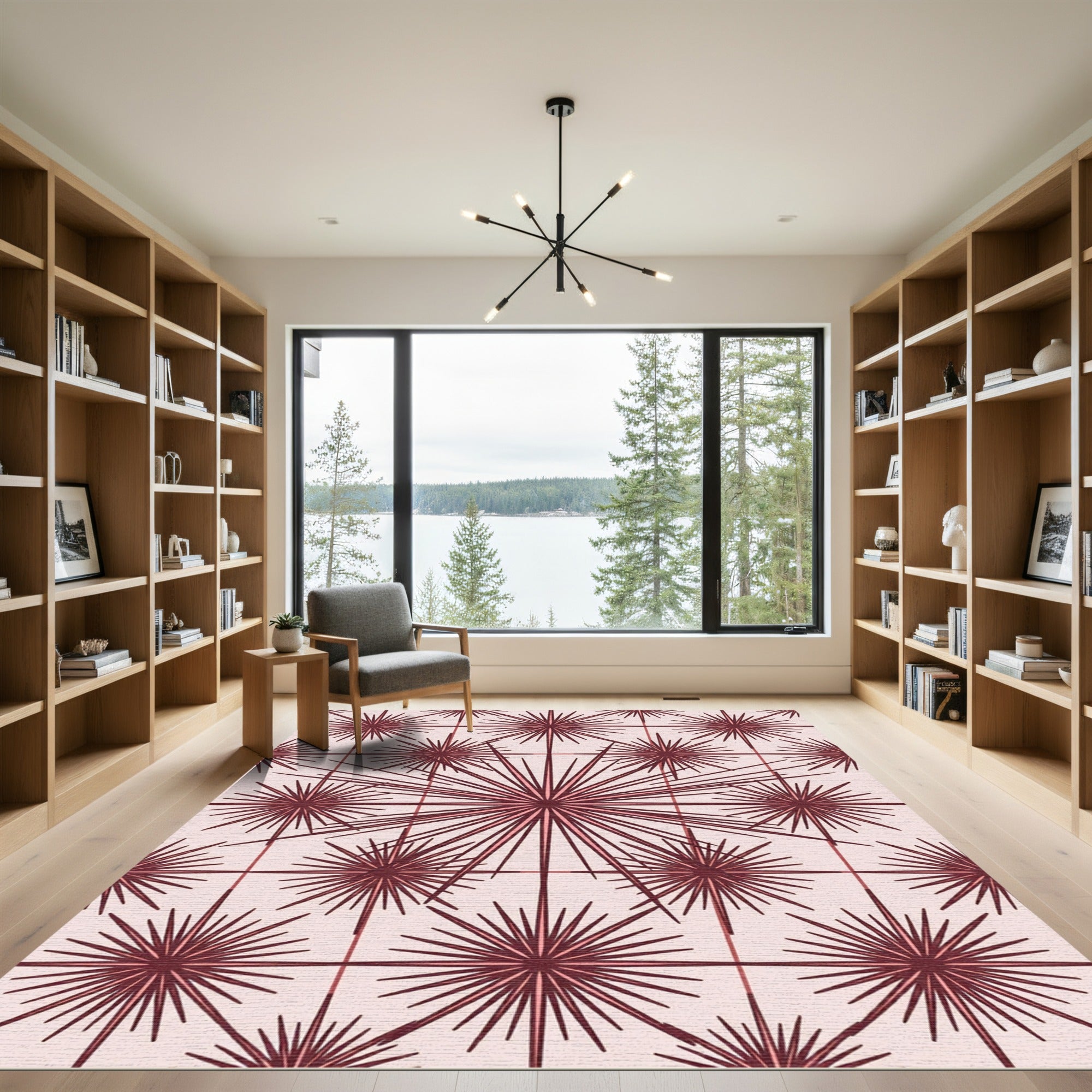 Burgundy Starburst Geometric Mid Century Rug