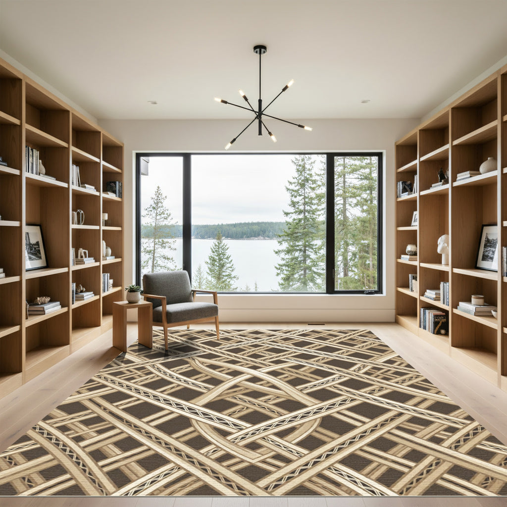 Brown and Beige Intertwined Geometric Weave Rug