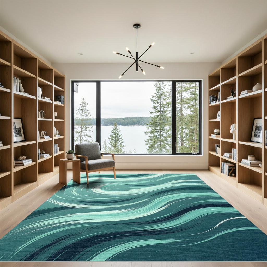 Modern Teal Abstract Ocean Swirl Rug