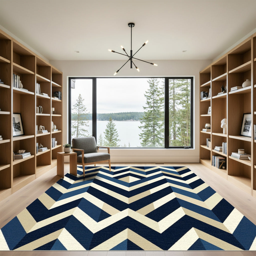 Modern Navy Geometric Chevron Art Rug