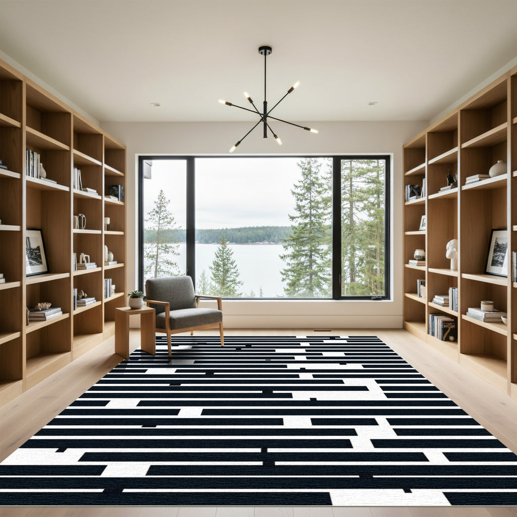 Black White Geometric Linear Arrangement Rug