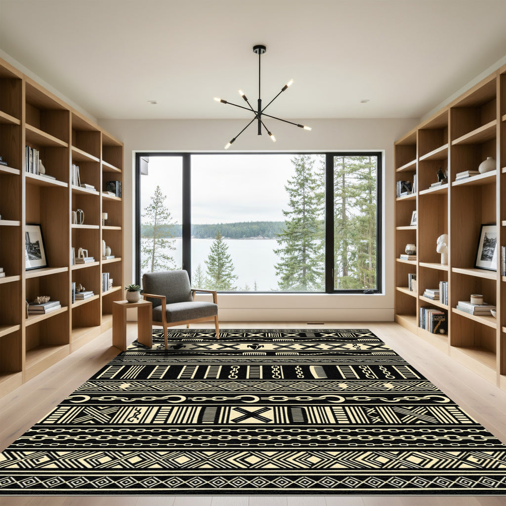Black Beige Tribal Chain Stripes Rug