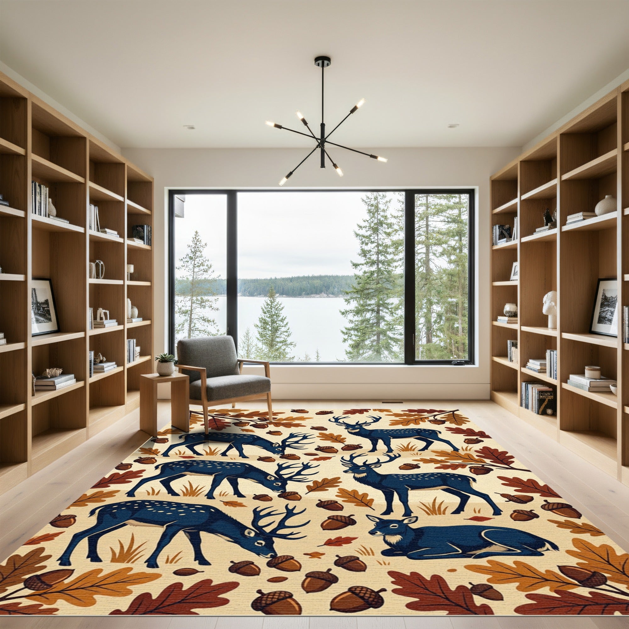 Midnight Forest Elk and Oak Acorns Rug