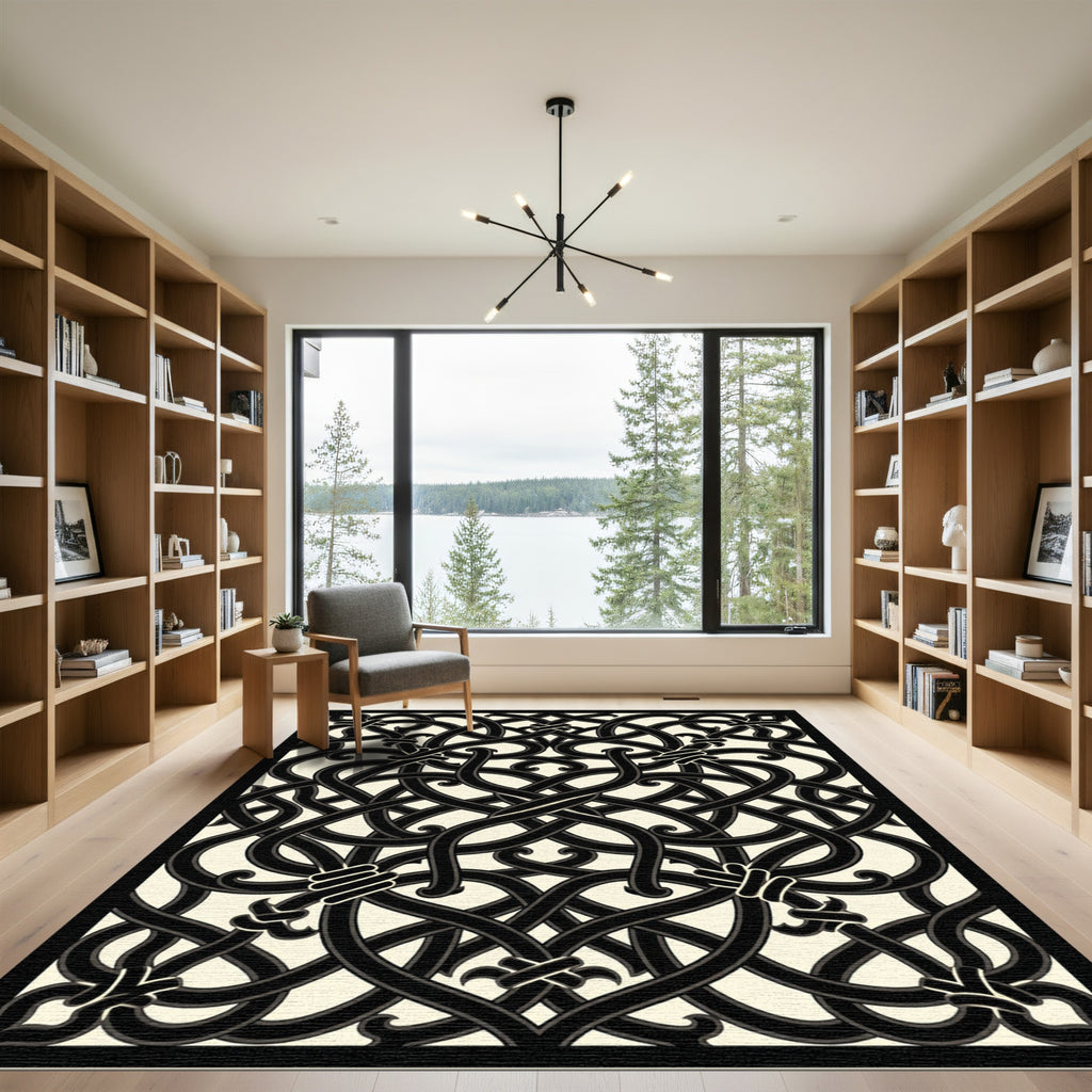 Monochrome Interwoven Gothic Scroll Black Ivory Rug