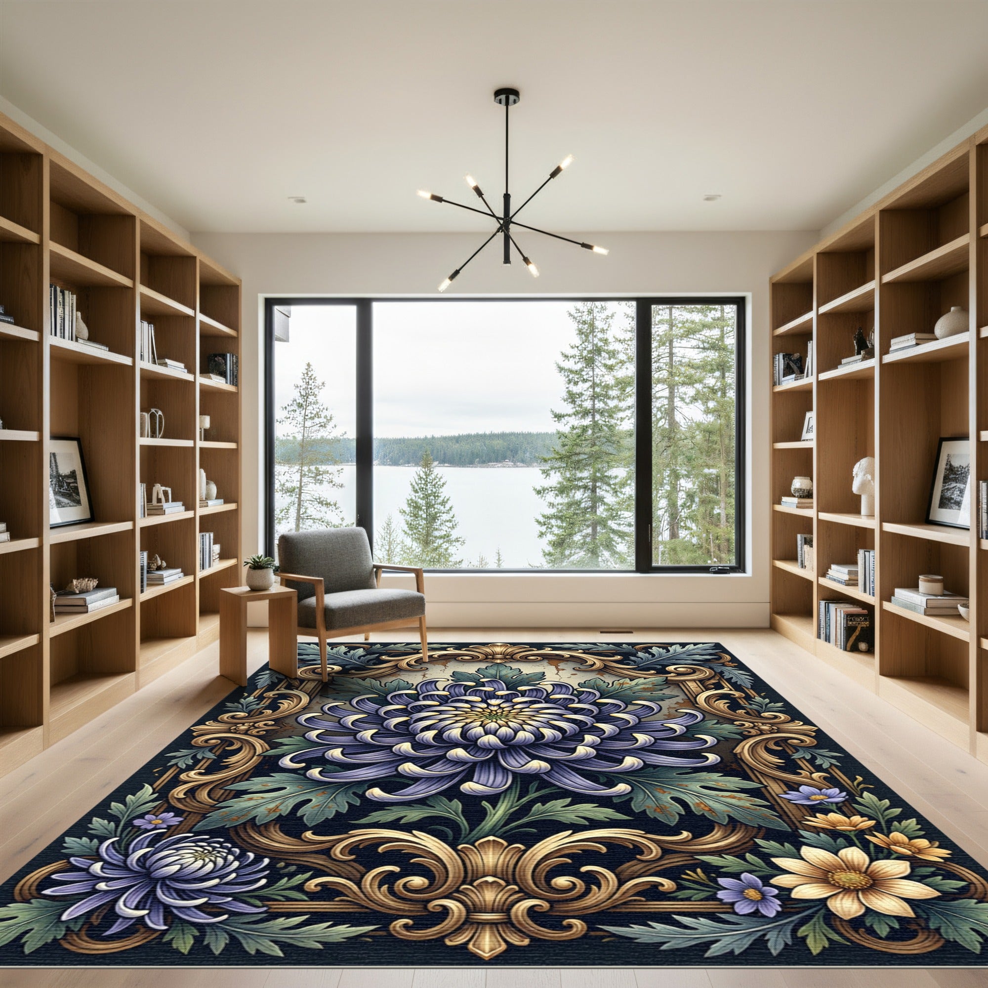 Elegant Ornate Purple Chrysanthemum Floral Medallion Rug
