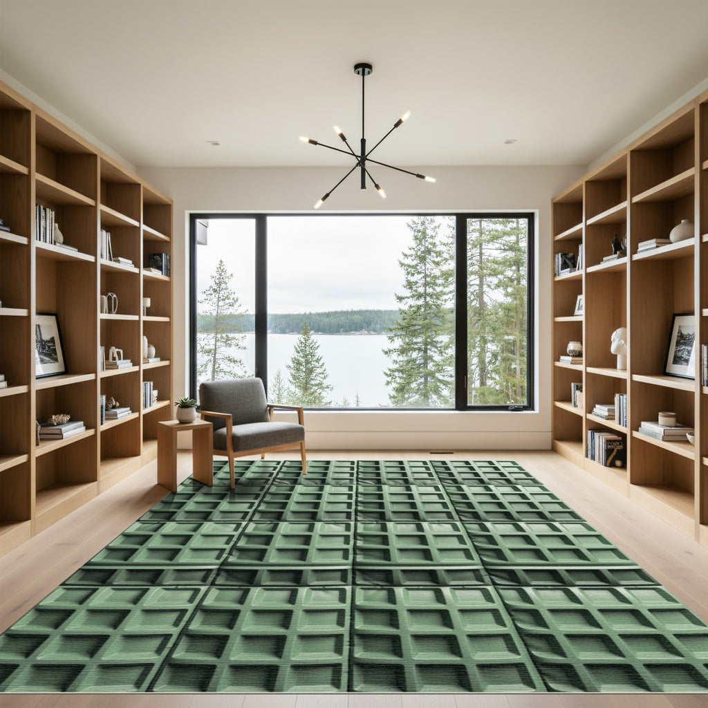 Modern Sage Green Waffle Grid Rug