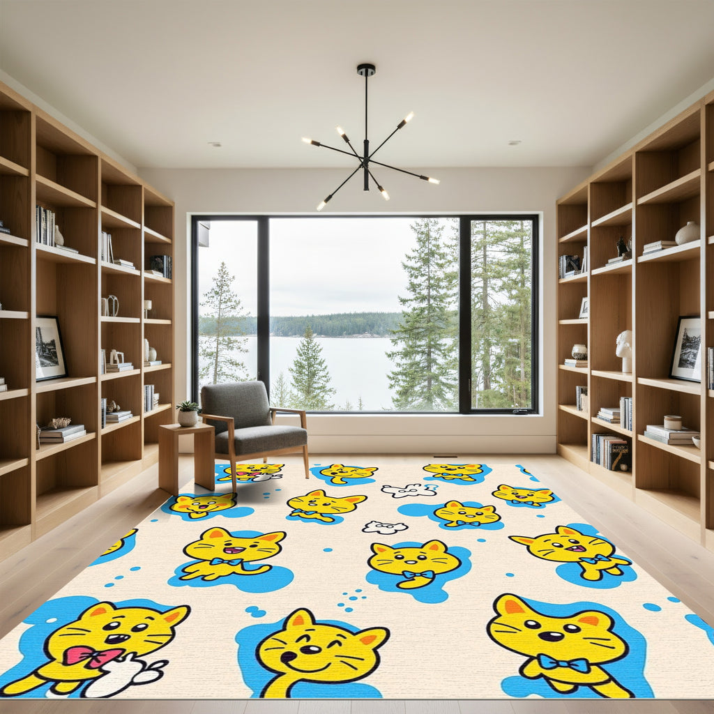 Cheeky Yellow Cats Blue Splash Composition Rug