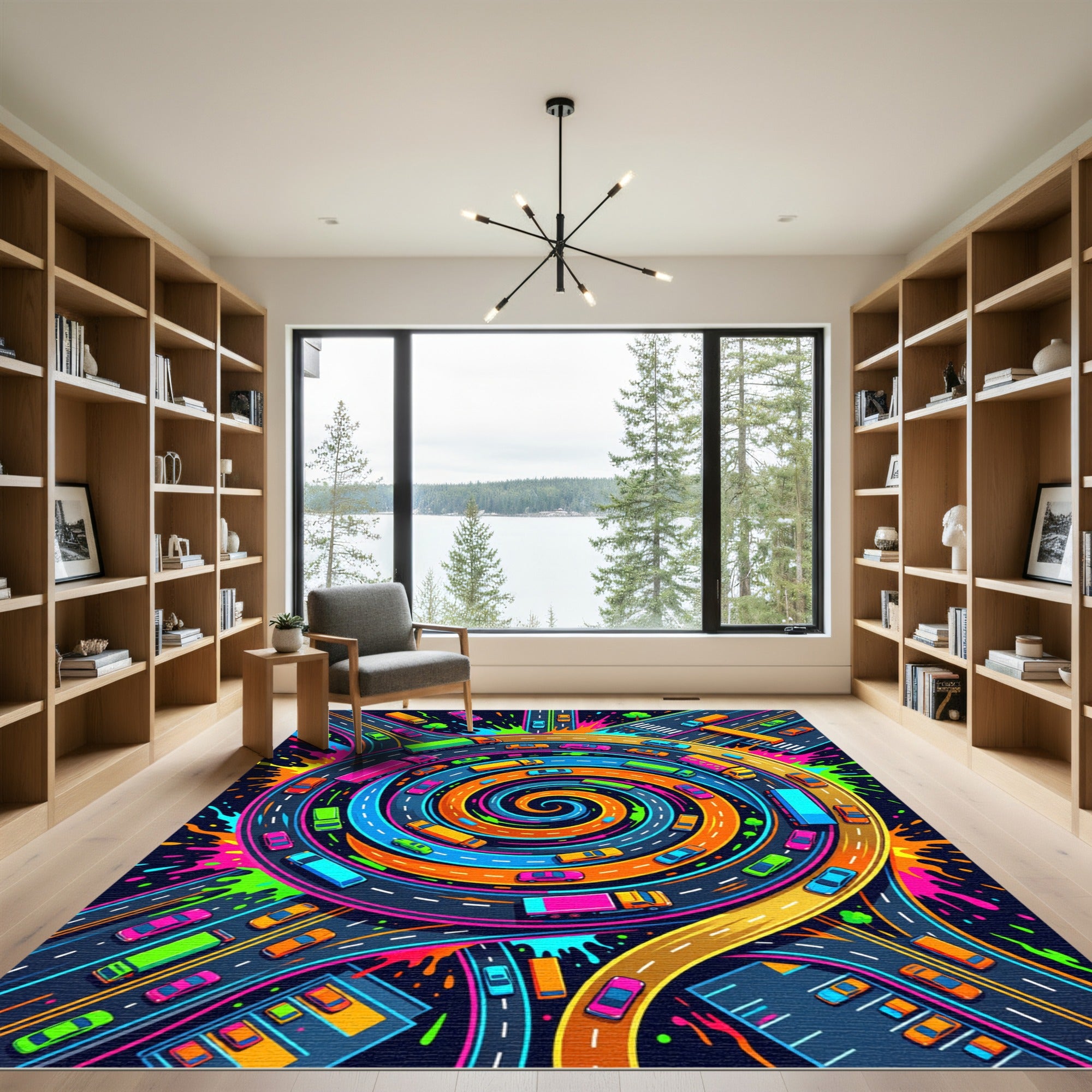 Vibrant Neon Spiral Roadway Pop Art Rug