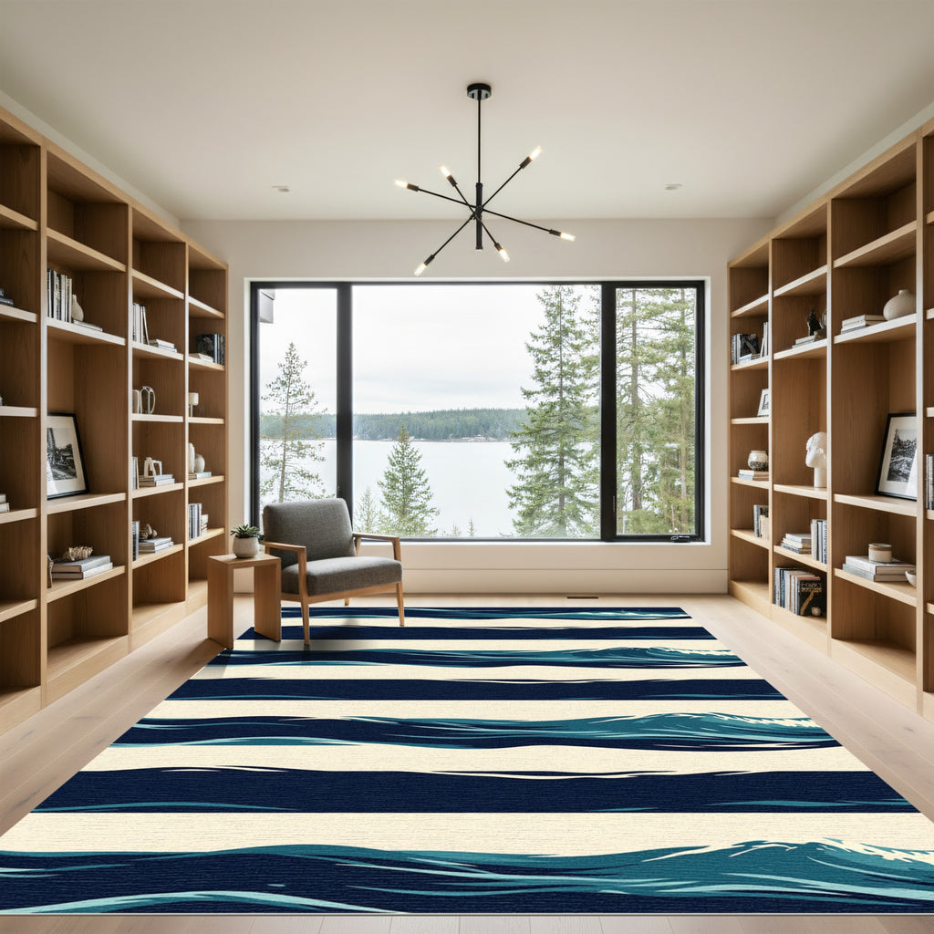 Abstract Navy Blue Ocean Wave Striped Rug