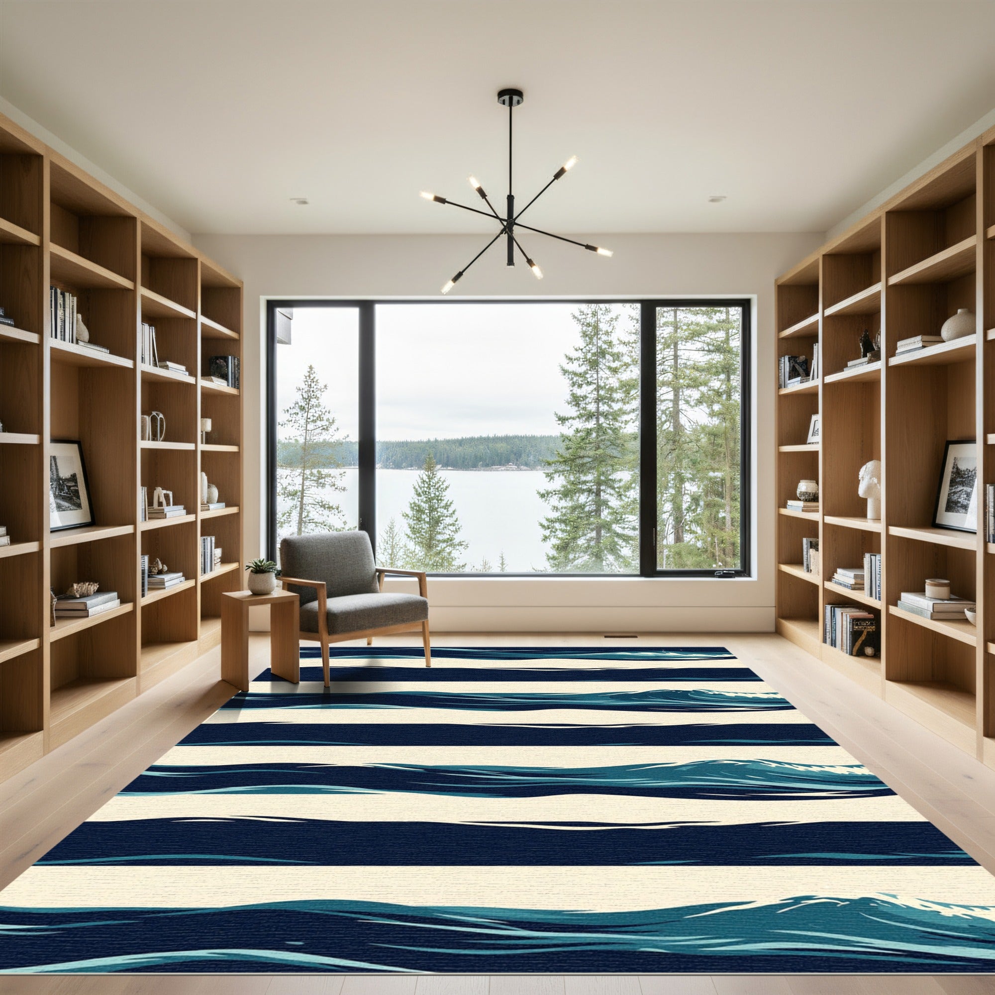 Abstract Navy Blue Ocean Wave Striped Rug