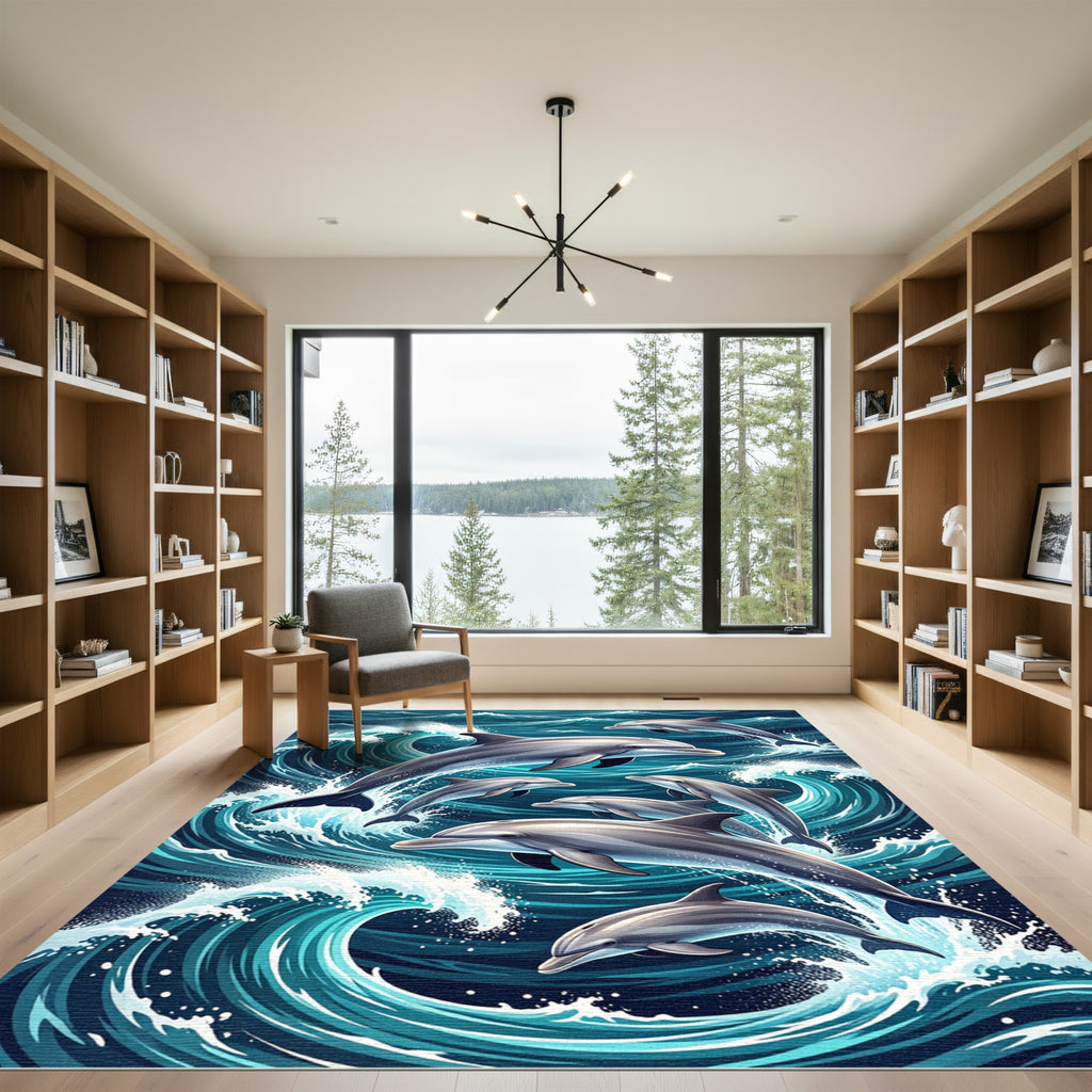 Leaping Dolphins in Deep Blue Waves Rug