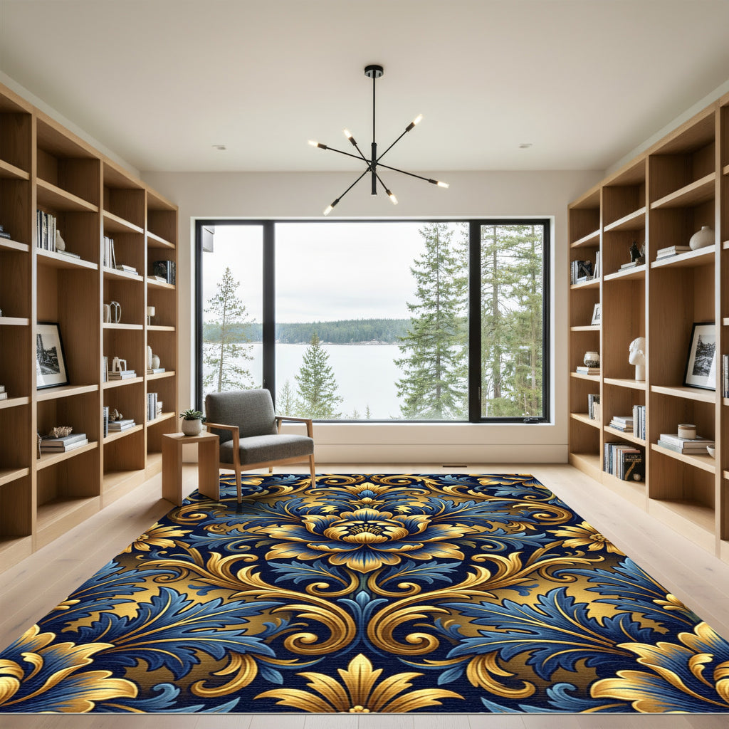 Ornate Golden Floral Damask Navy Rug