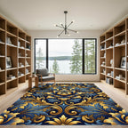 Ornate Golden Floral Damask Navy Rug