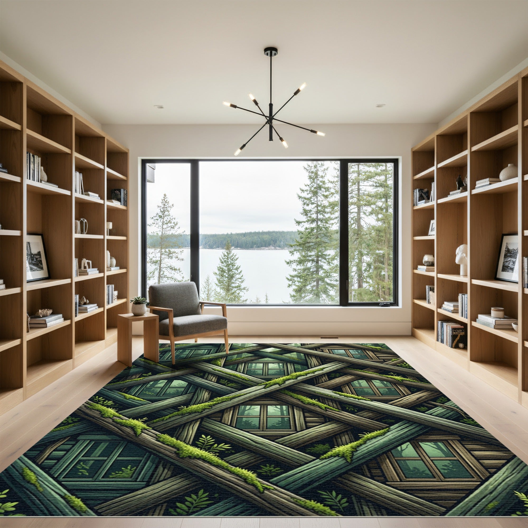 Mossy Forest Log Lattice Geometric Rug