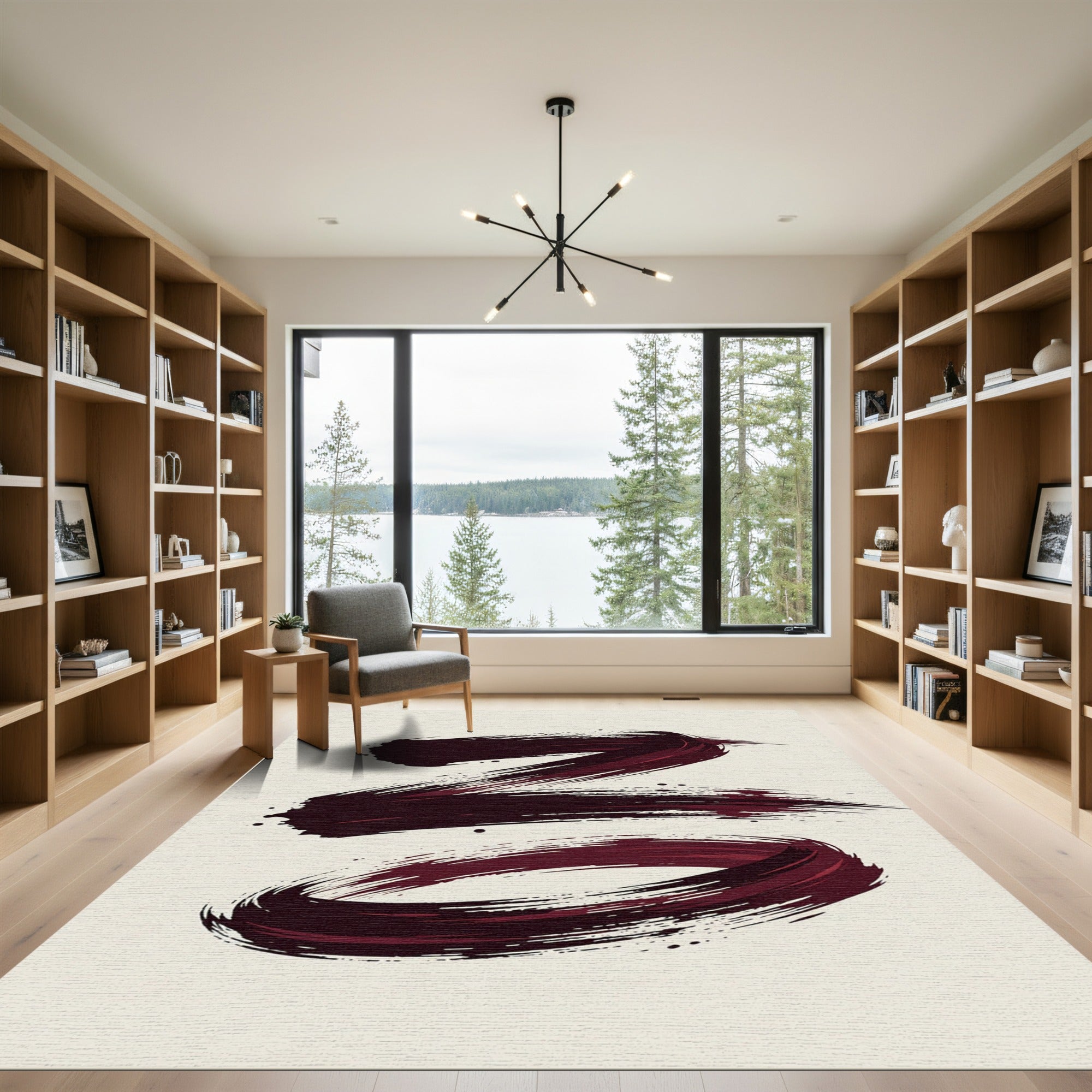 Dark Crimson Abstract Zen Swirl Rug