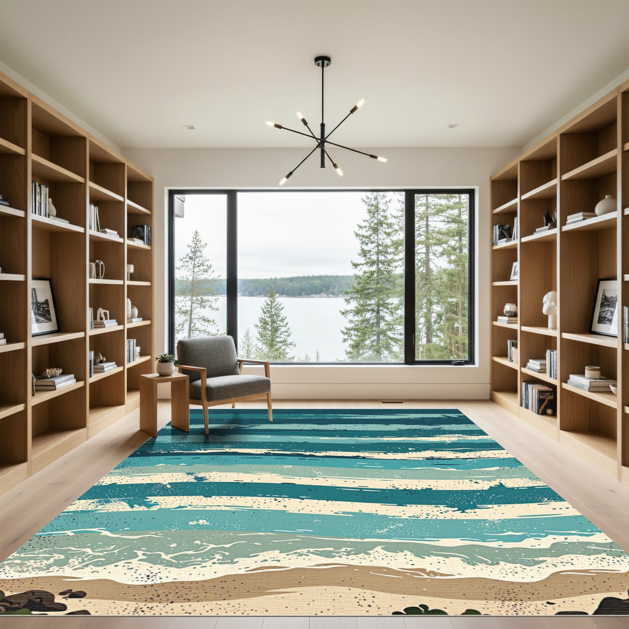 Abstract Teal and Cream Wave Ocean Rug