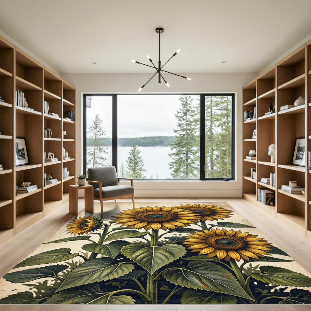 Vibrant Golden Sunflower Floral Botanical Rug
