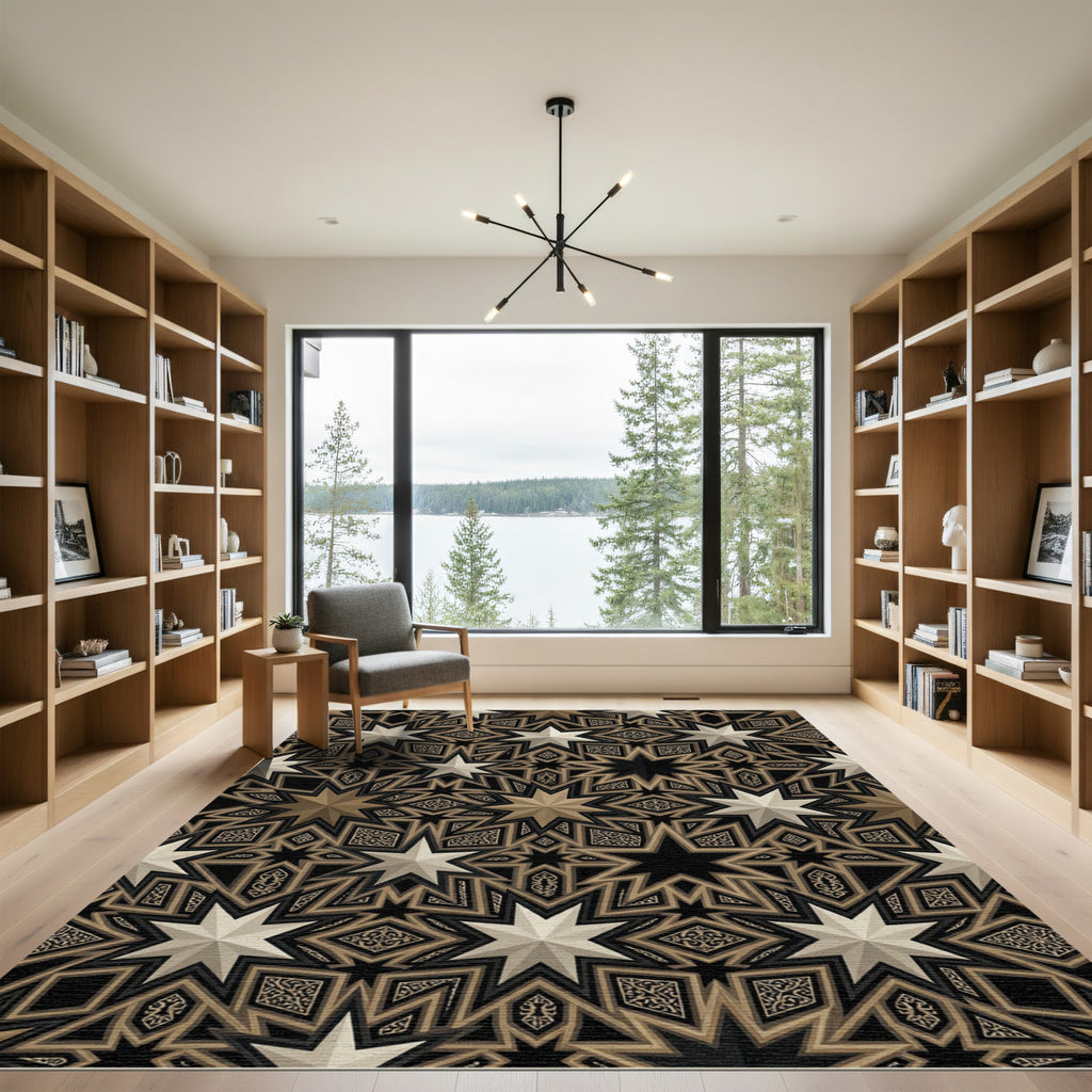Golden Neutral Starburst Intricate Geometric Rug