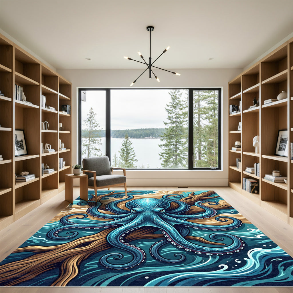 Intricate Blue Octopus amidst Oceanic Currents Rug