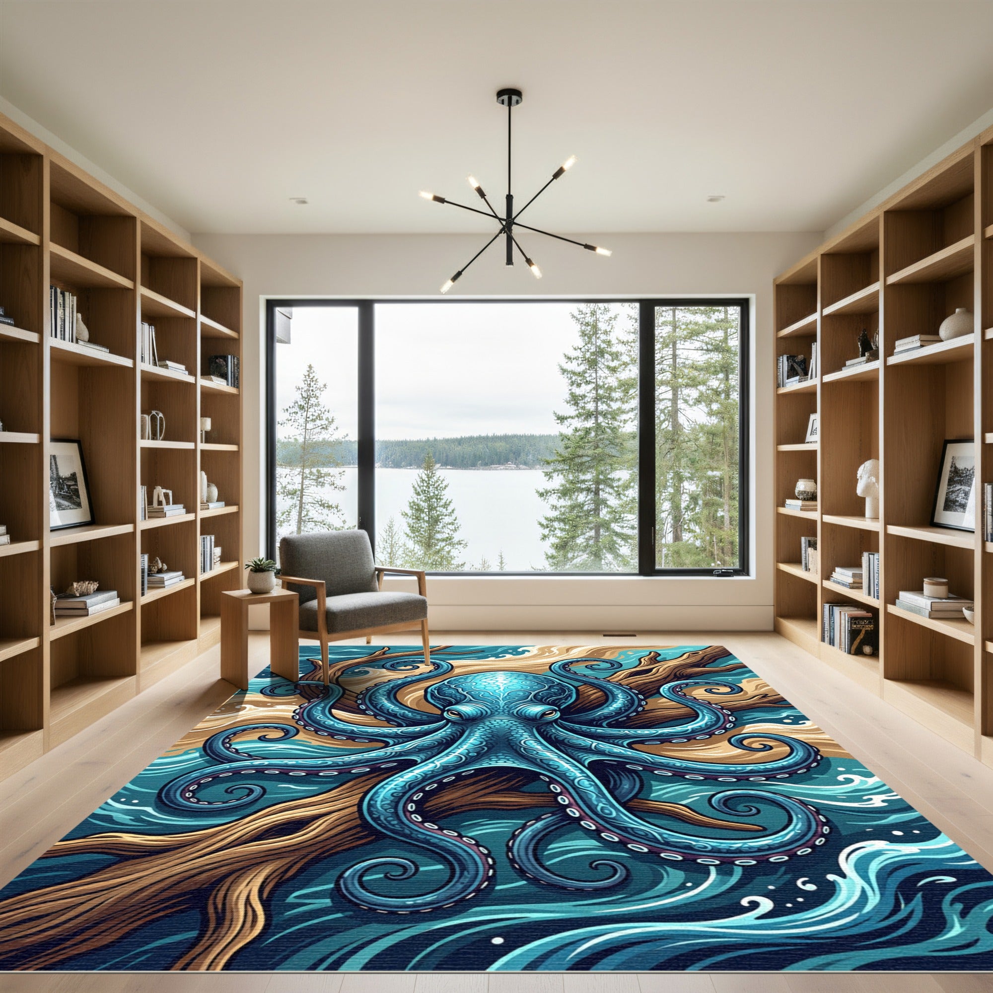 Intricate Blue Octopus amidst Oceanic Currents Rug