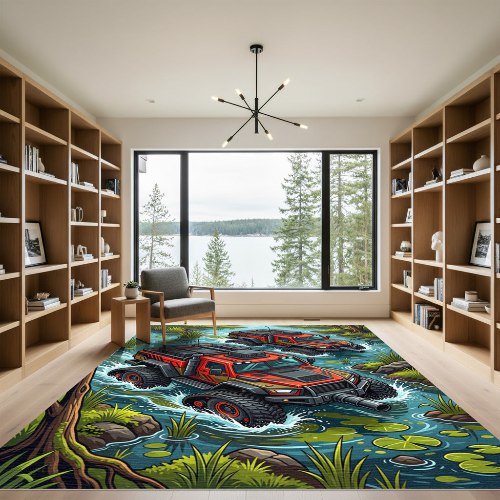 Red Offroad Adventure Swamp Landscape Rug