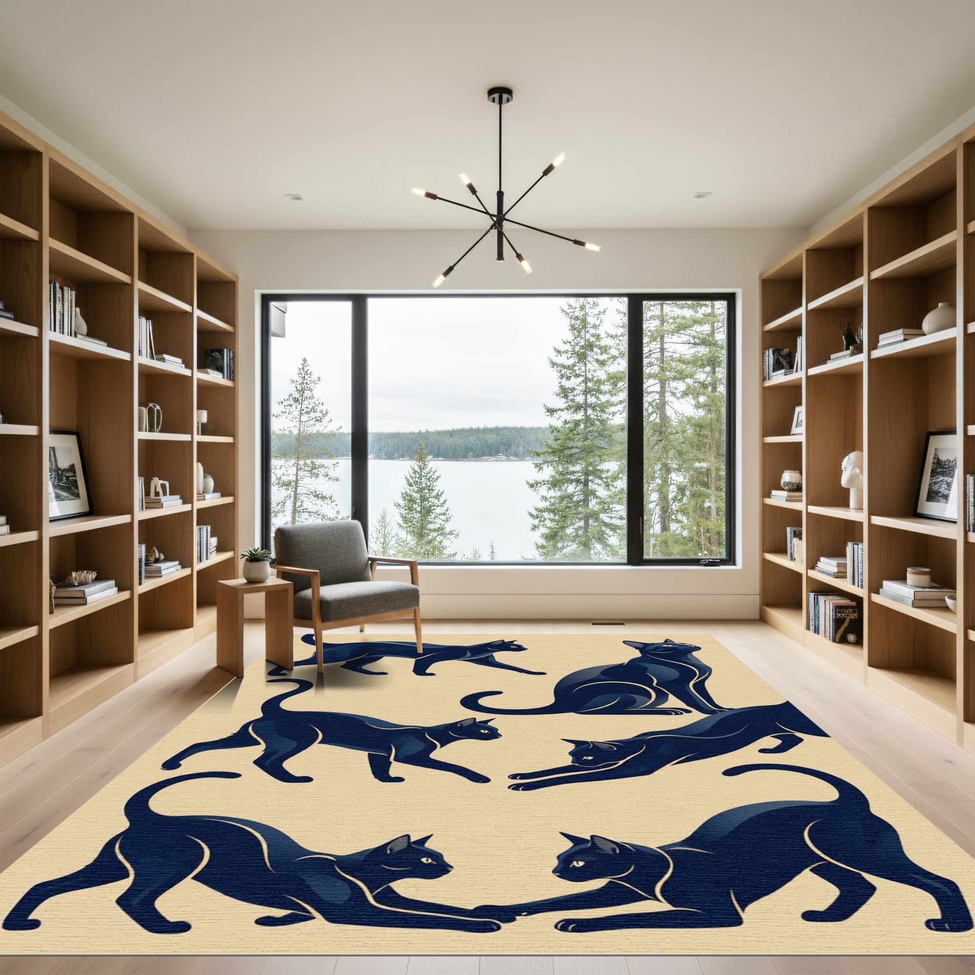 Minimalist Navy Black Cat Silhouette Rug