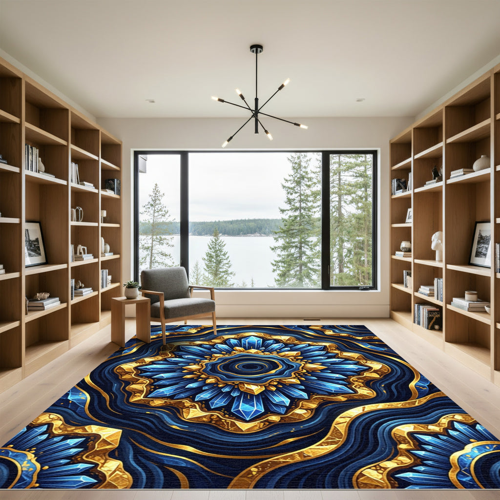 Golden Crystal Medallion Navy Wave Rug