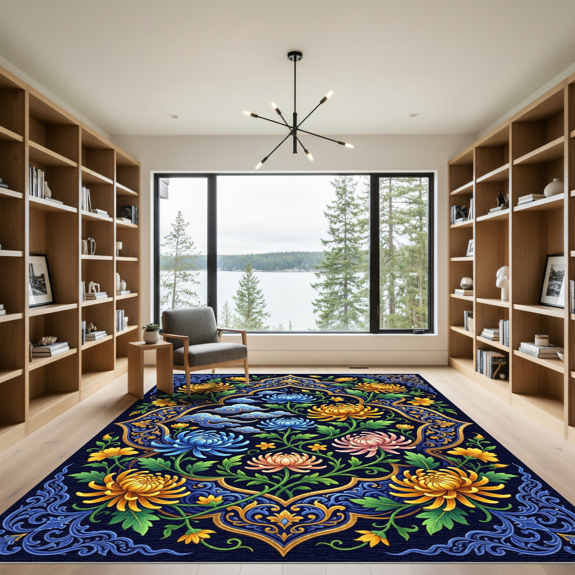 Ornate Chrysanthemum Floral Navy Gold Tapestry Rug