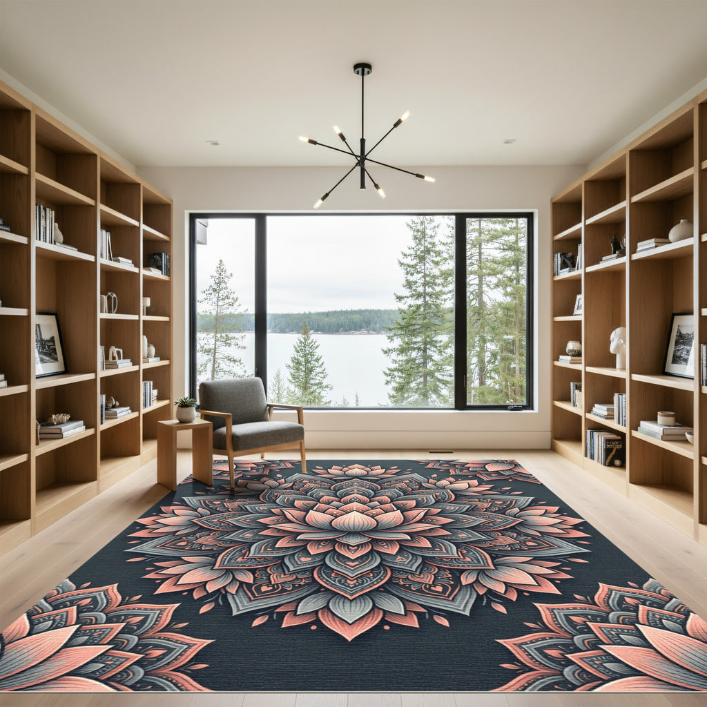 Elegant Lotus Mandala in Dusty Rose and Slate Rug