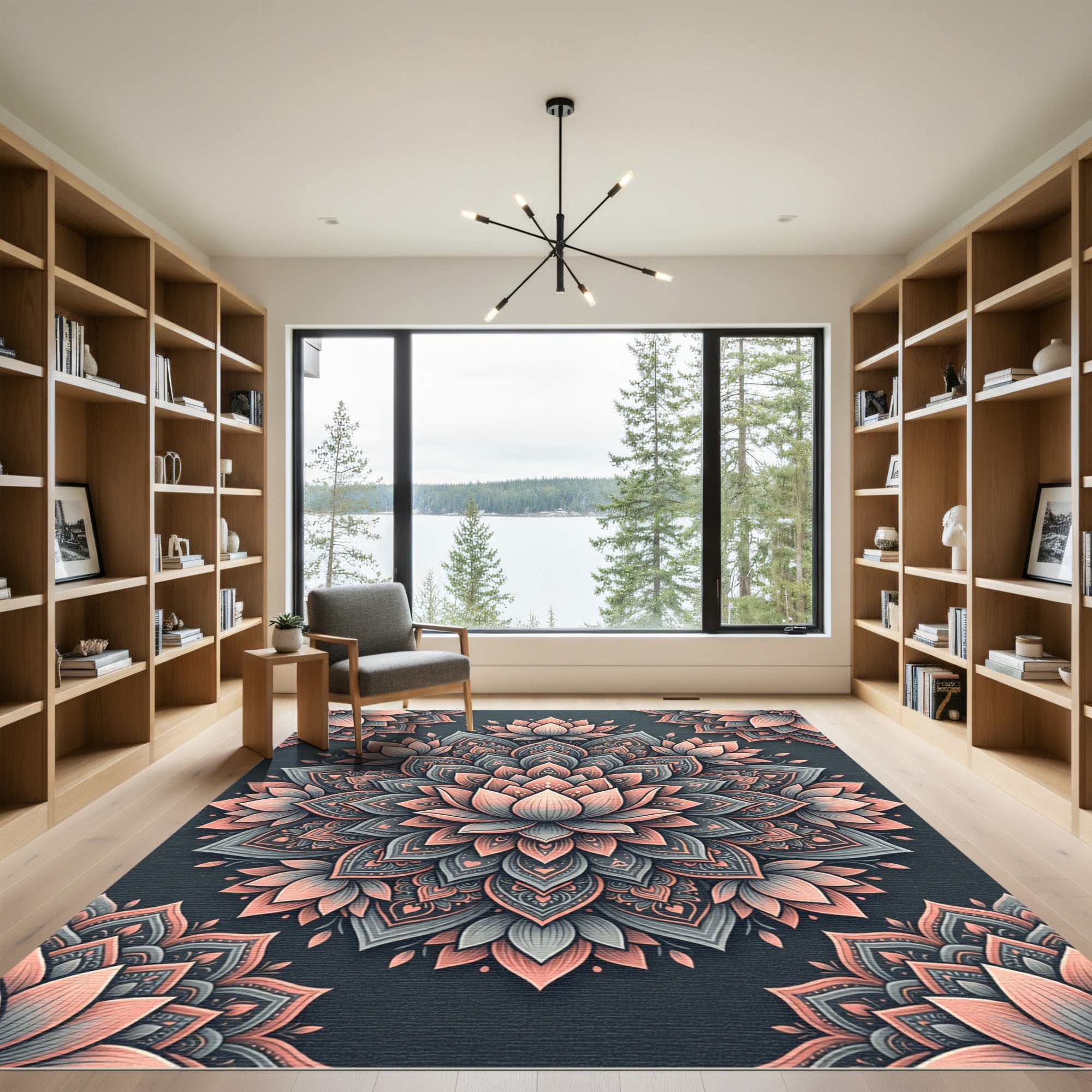 Elegant Lotus Mandala in Dusty Rose and Slate Rug