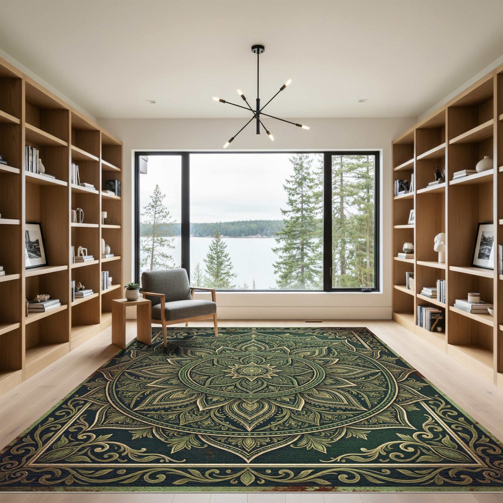 Ornate Emerald Olive Lotus Mandala Rug