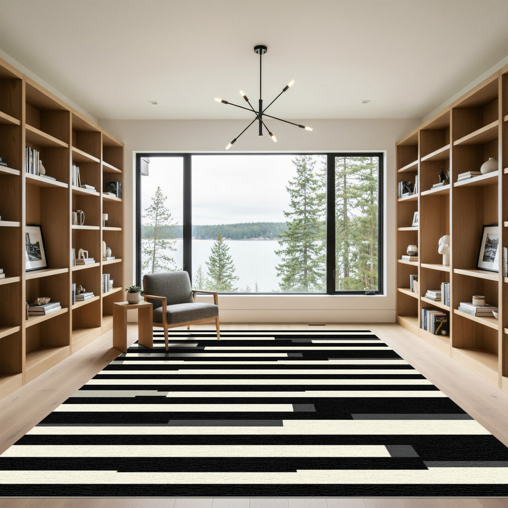 Modern Monochrome Abstract Linear Stripe Rug