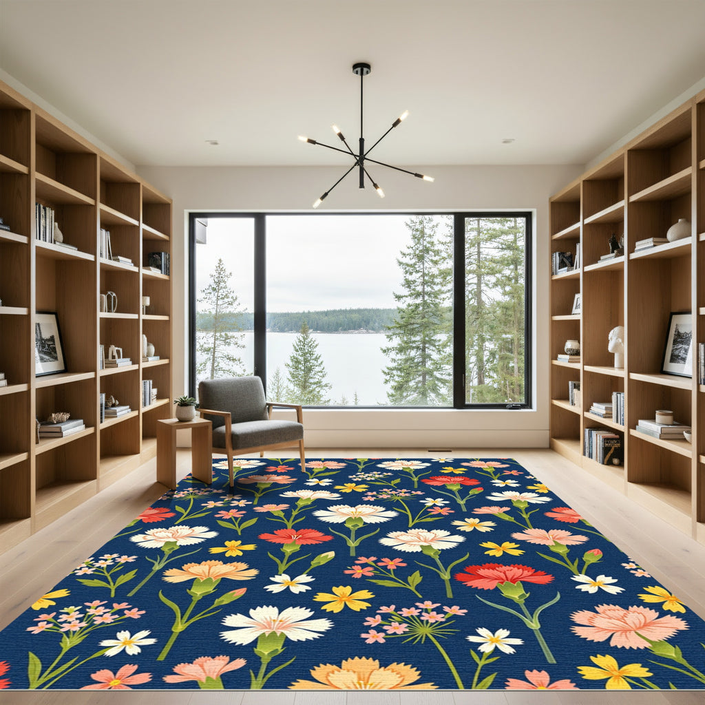 Navy Blue Floral Garden Meadow Rug