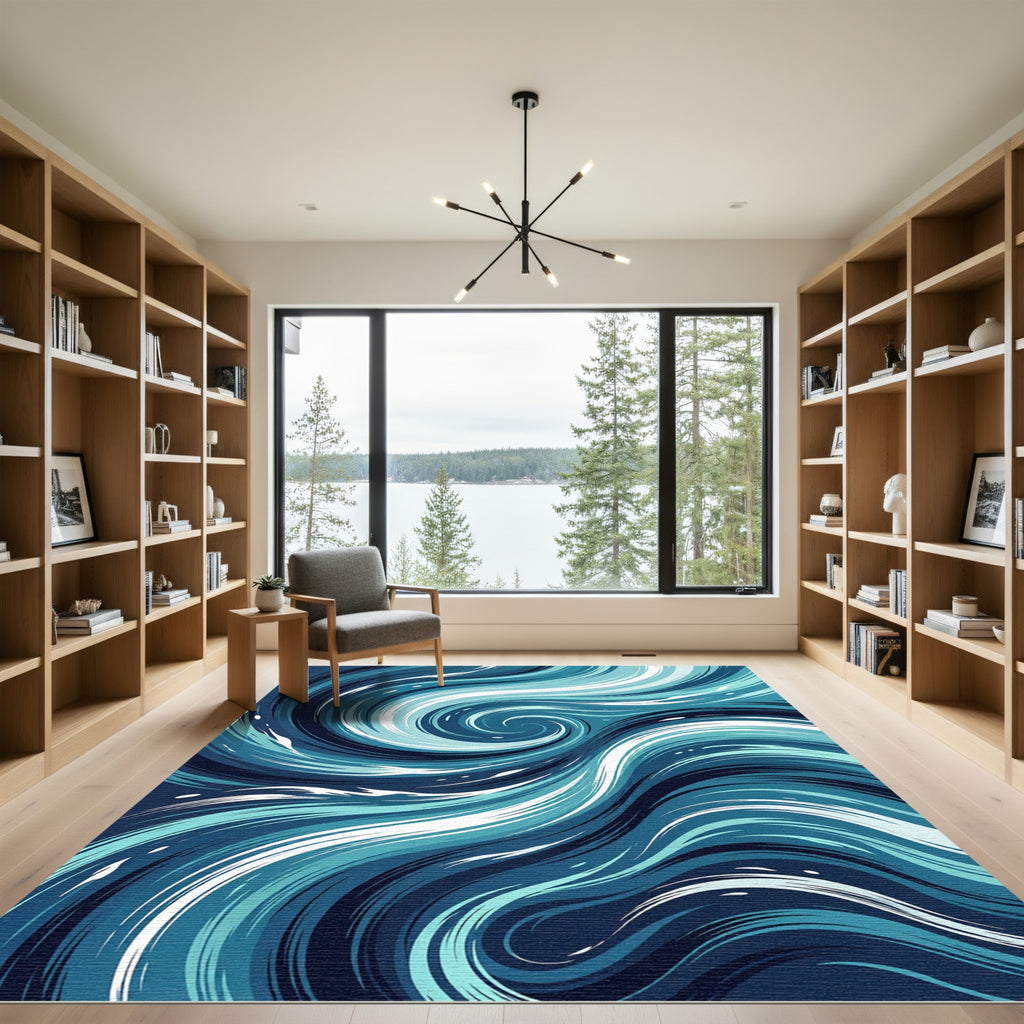 Abstract Ocean Blue Swirl Wave Rug