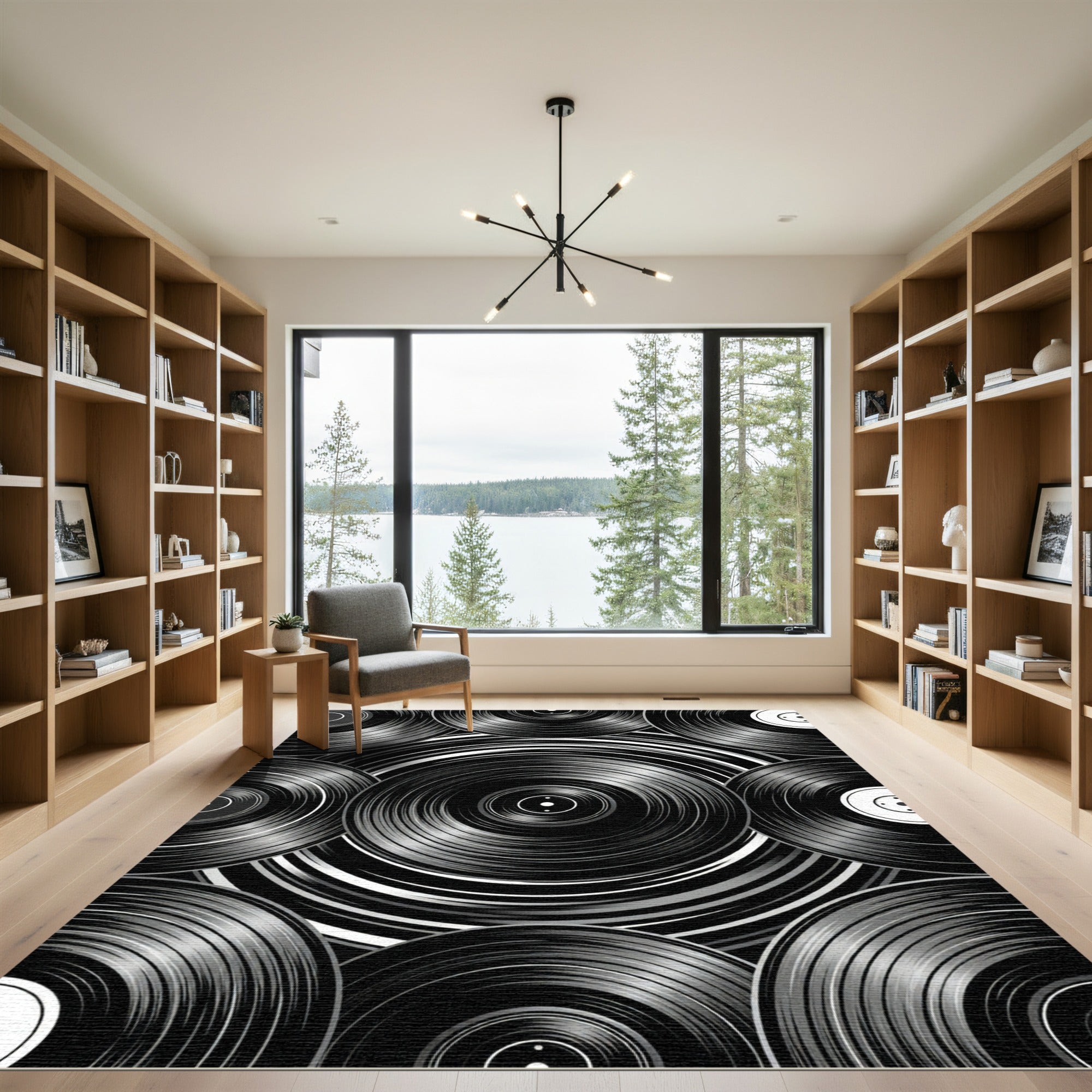 Monochromatic Vinyl Record Radial Arrangement Rug