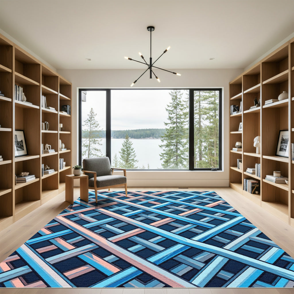 Modern Geometric Blue Pink Interwoven Grid Rug