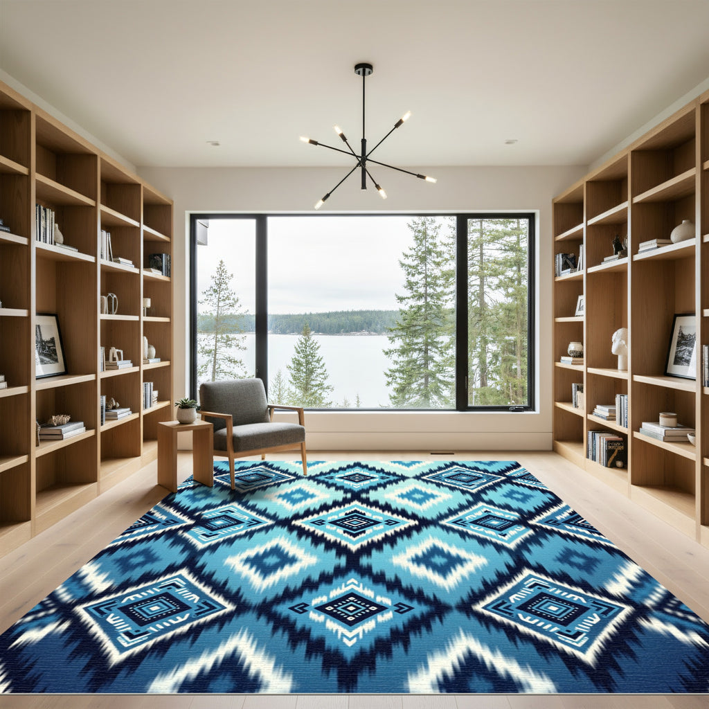 Blue Ikat Geometric Diamond Rug