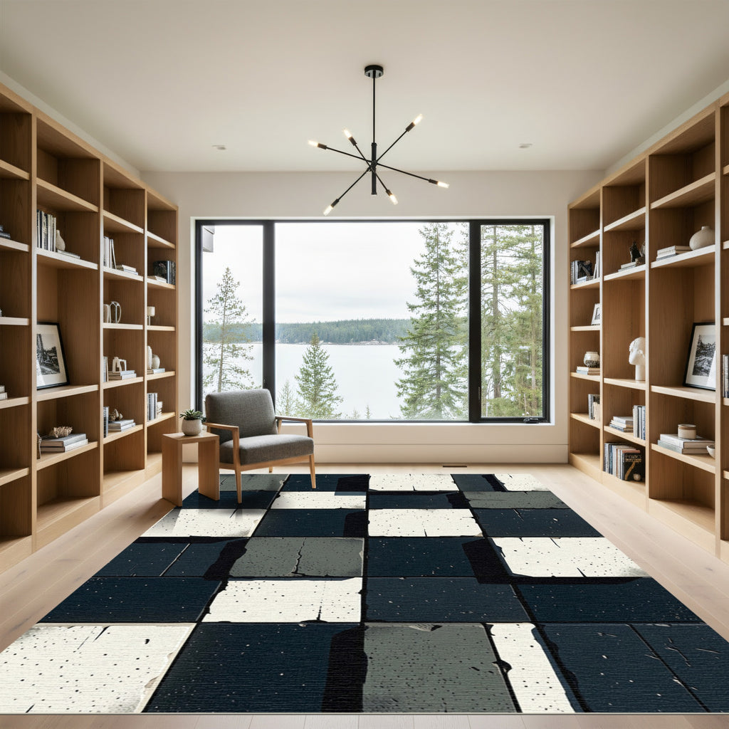 Monochrome Cracked Tile Checkered Rug