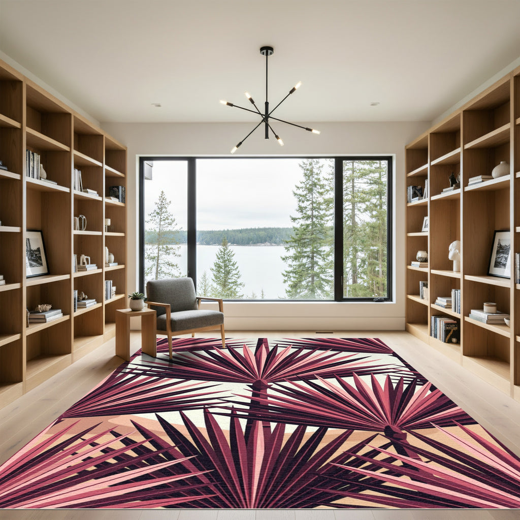Crimson Palm Leaf Tropical Layering Rug