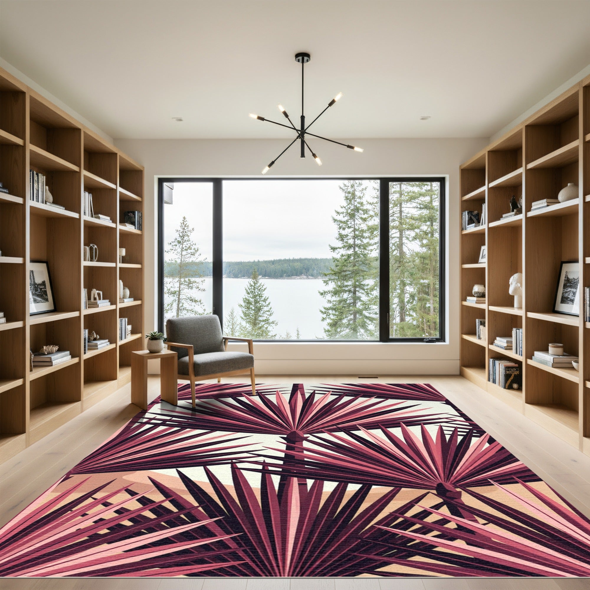 Crimson Palm Leaf Tropical Layering Rug