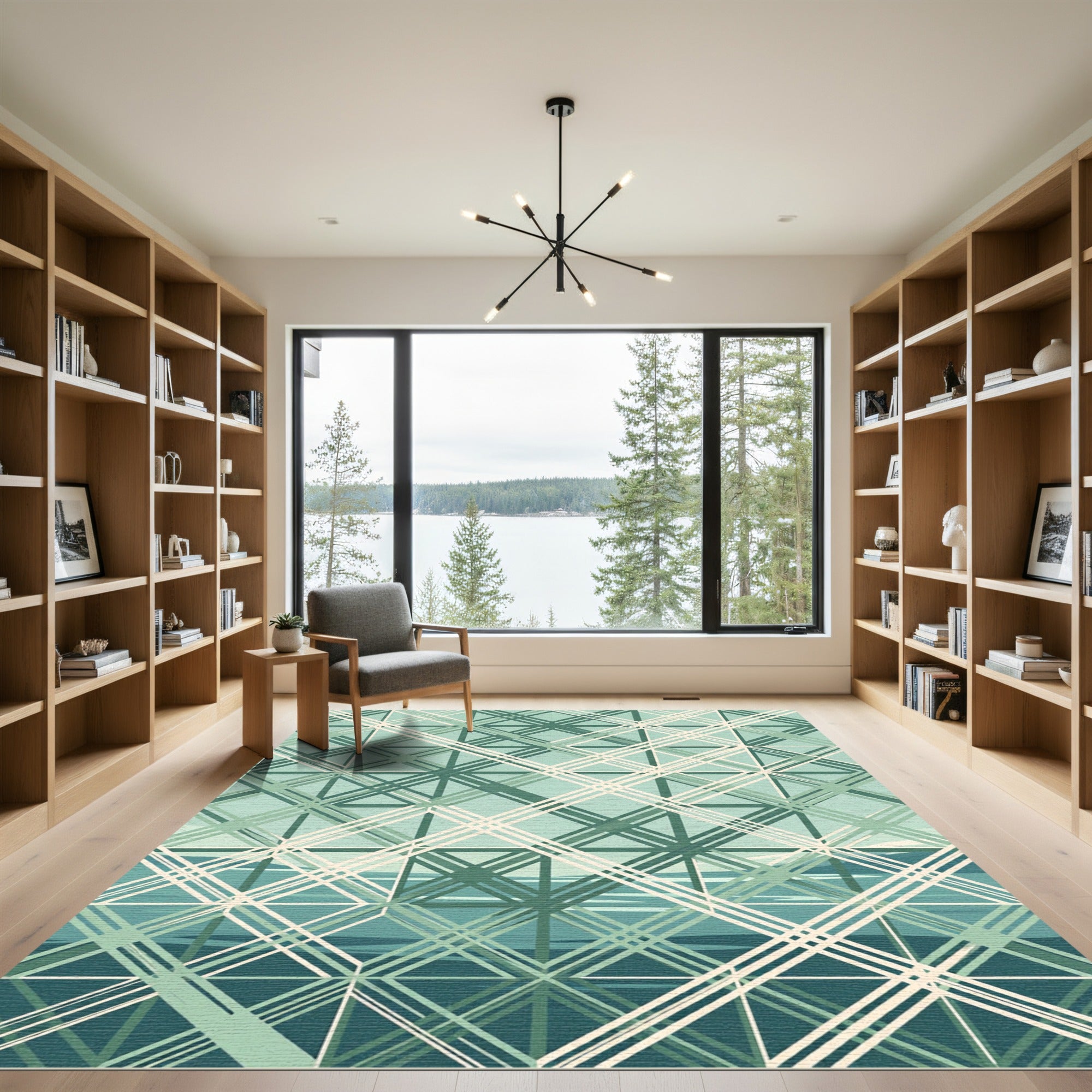 Seafoam Green Geometric Lattice Grid Rug