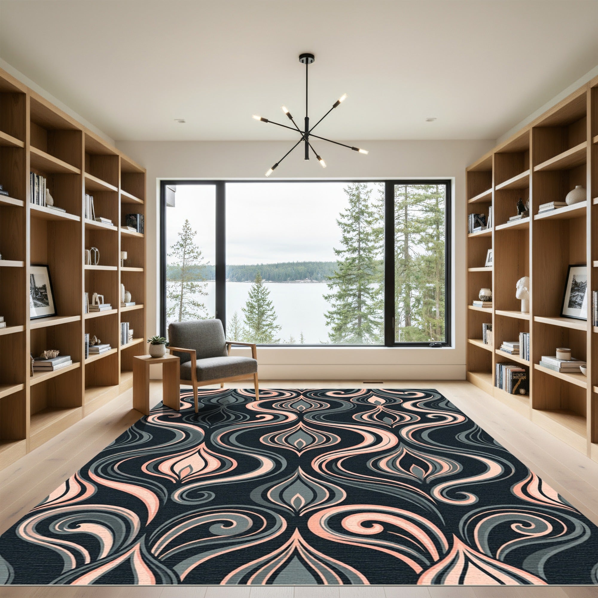 Elegant Peach and Charcoal Swirls Rug