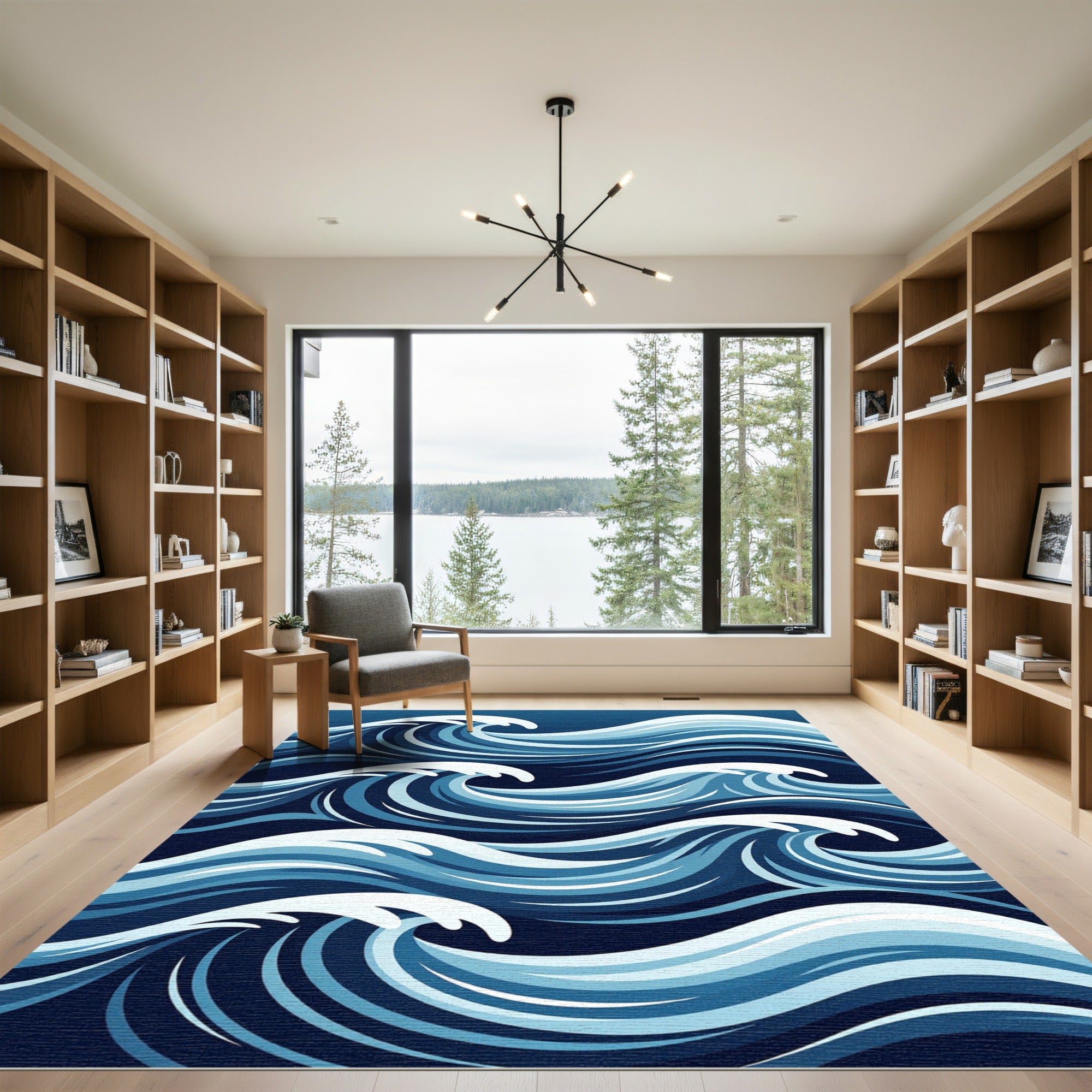Abstract Navy Blue Rolling Ocean Wave Rug