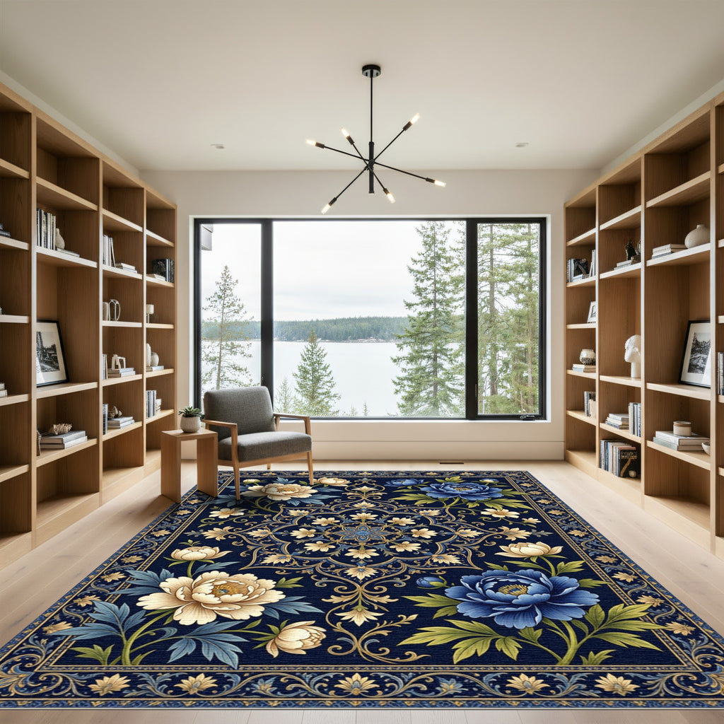 Midnight Blue Floral Gold Medallion Area Rug