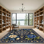 Midnight Blue Floral Gold Medallion Area Rug