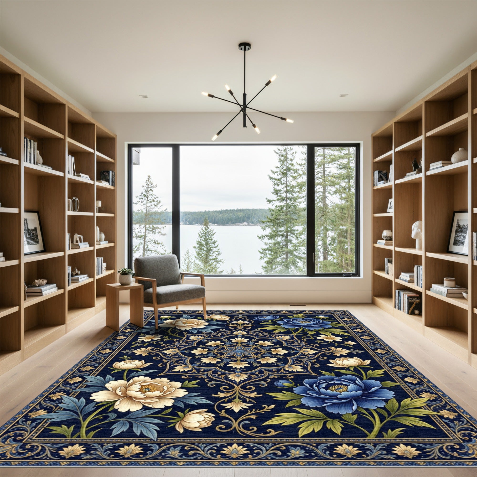 Midnight Blue Floral Gold Medallion Area Rug