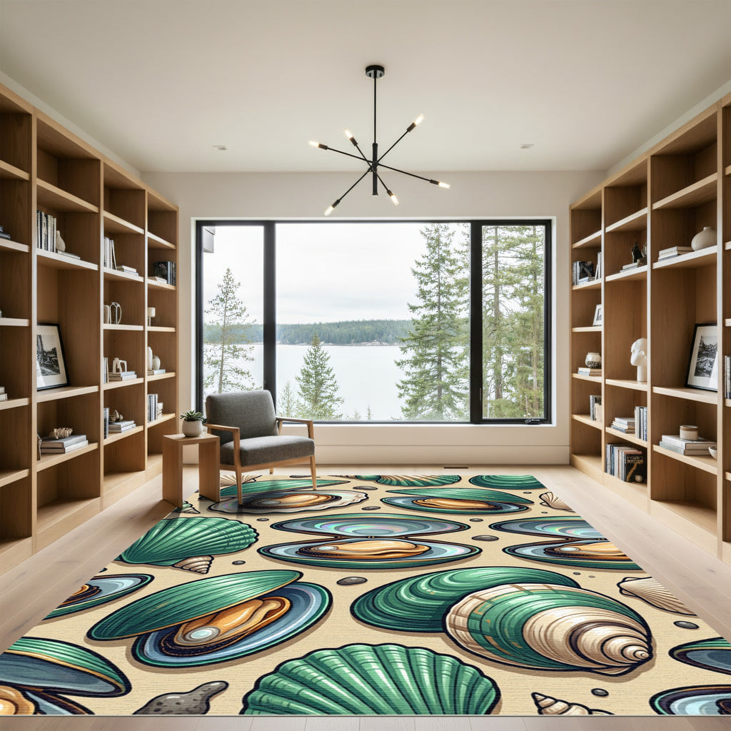 Iridescent Teal Shell and Pearl Illustration Rug