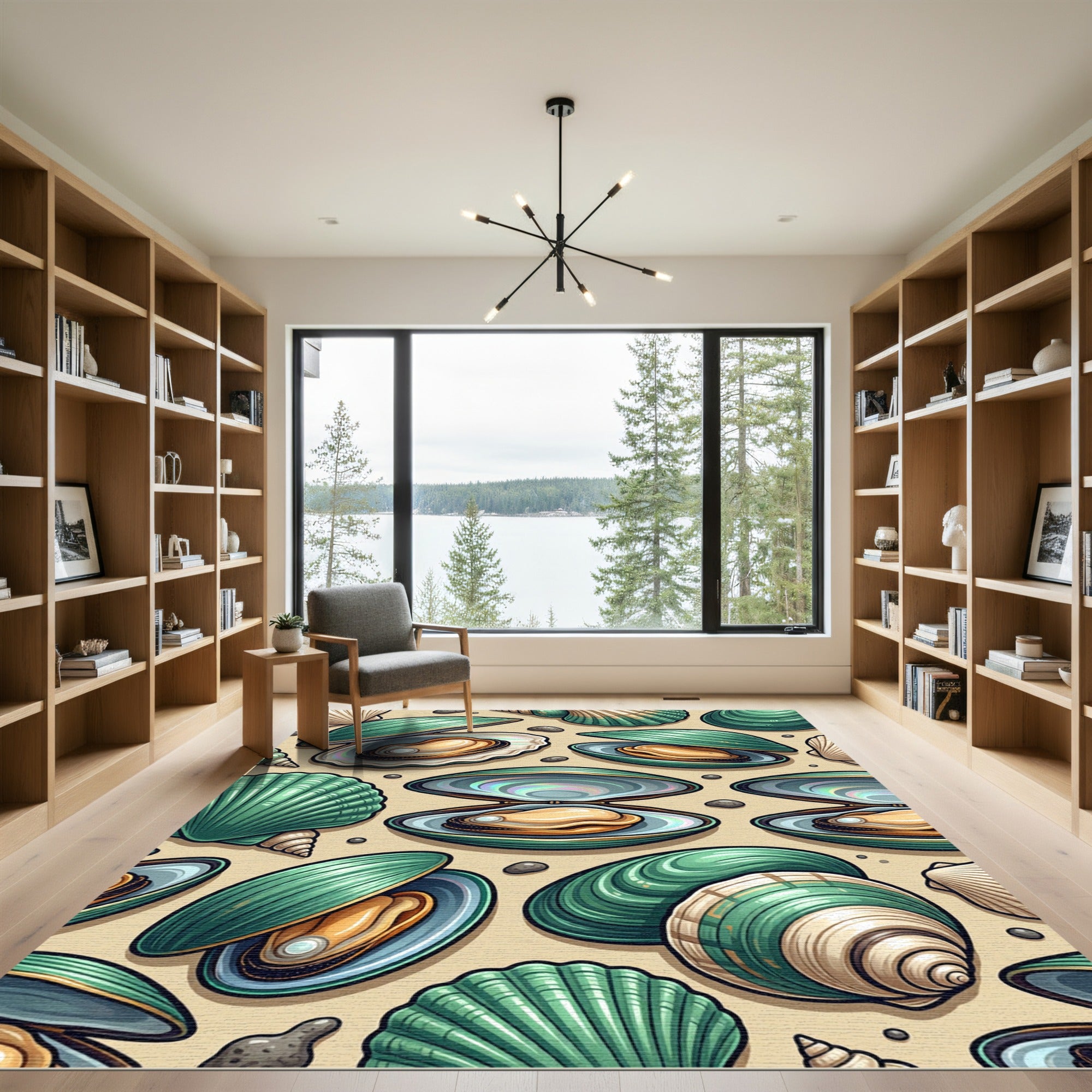 Iridescent Teal Shell and Pearl Illustration Rug