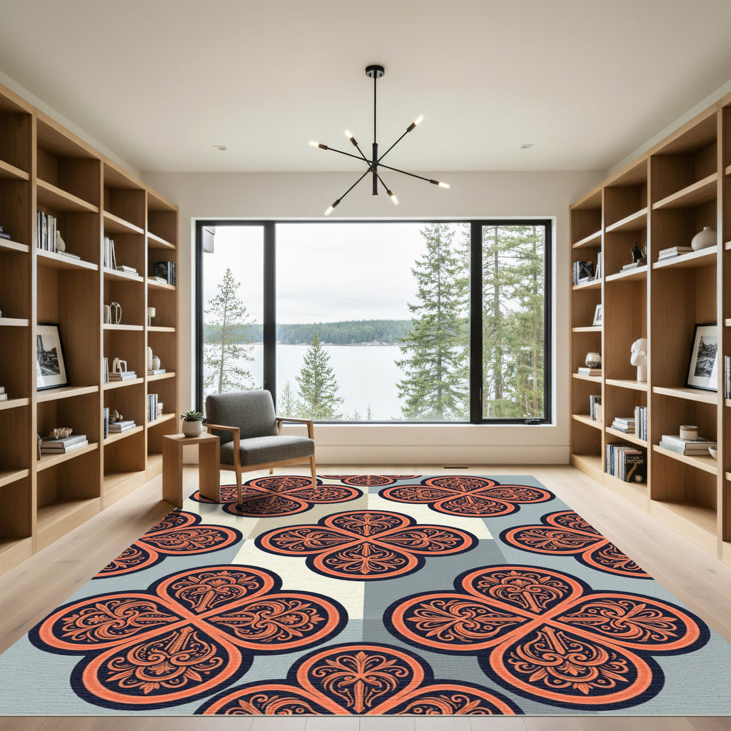 Elegant Terracotta Quatrefoil Geometric Medallion Rug