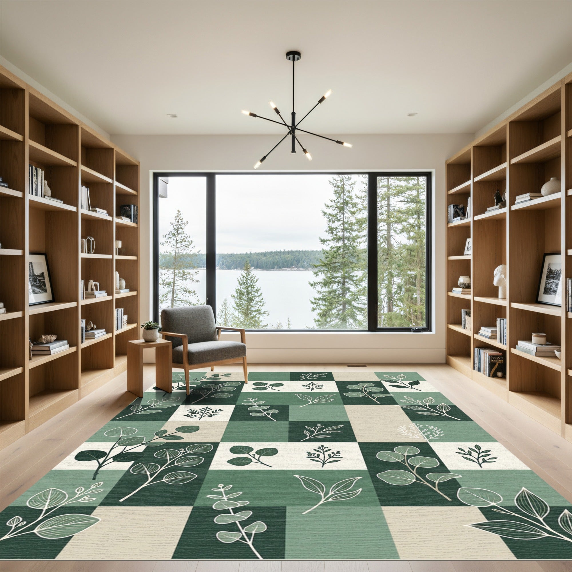 Green Contemporary Eucalyptus Leaf Arrangement Rug